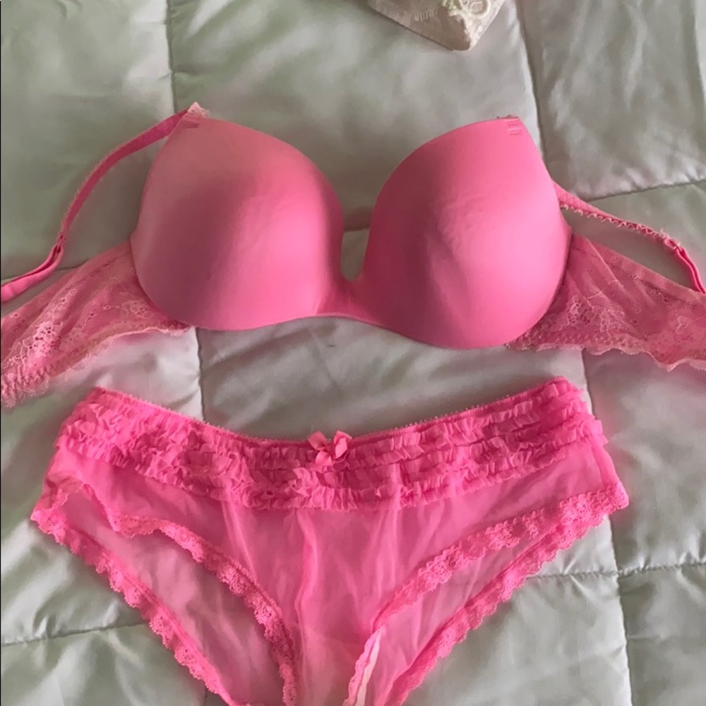 Pink, underwear and bra set.